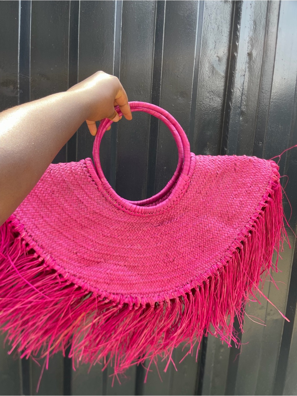 Handwoven Pink Fringe Circle-Handle Women’s Bag